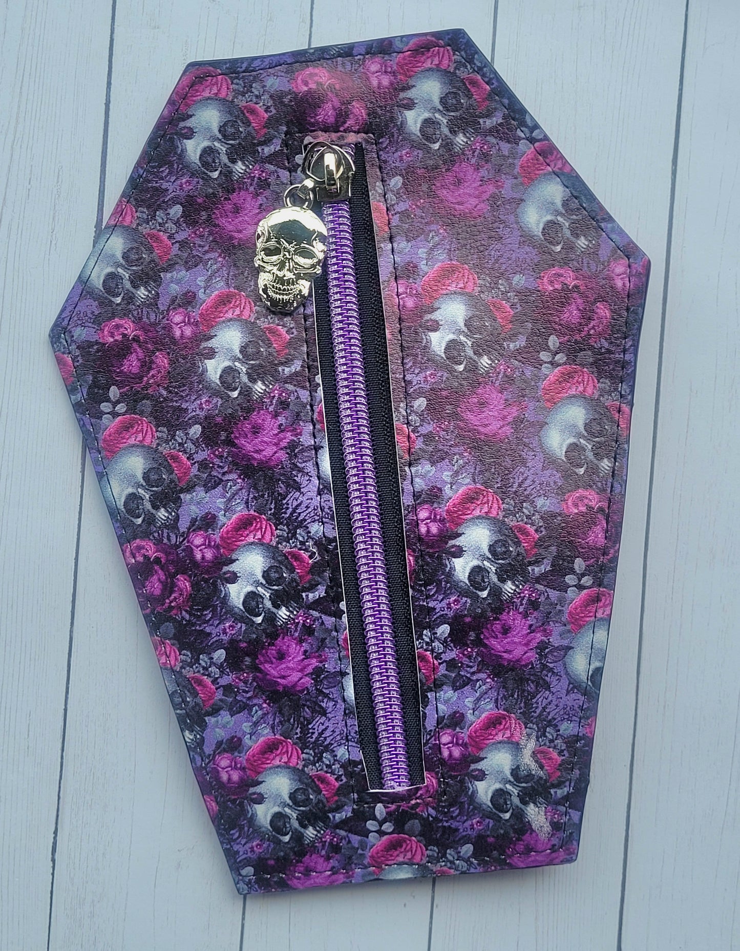 Coffin Shaped Wallet-purple with skulls-medium sizes