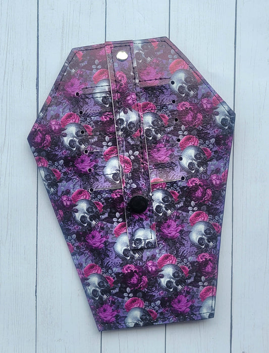 Coffin Shaped Wallet-purple with skulls-medium sizes